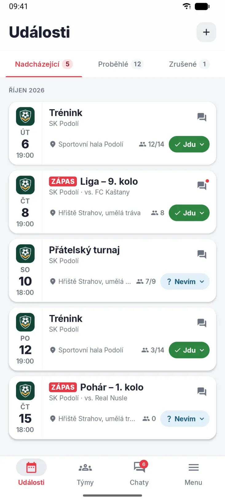 Události. Všechny akce týmu i stav tvé odpovědi.