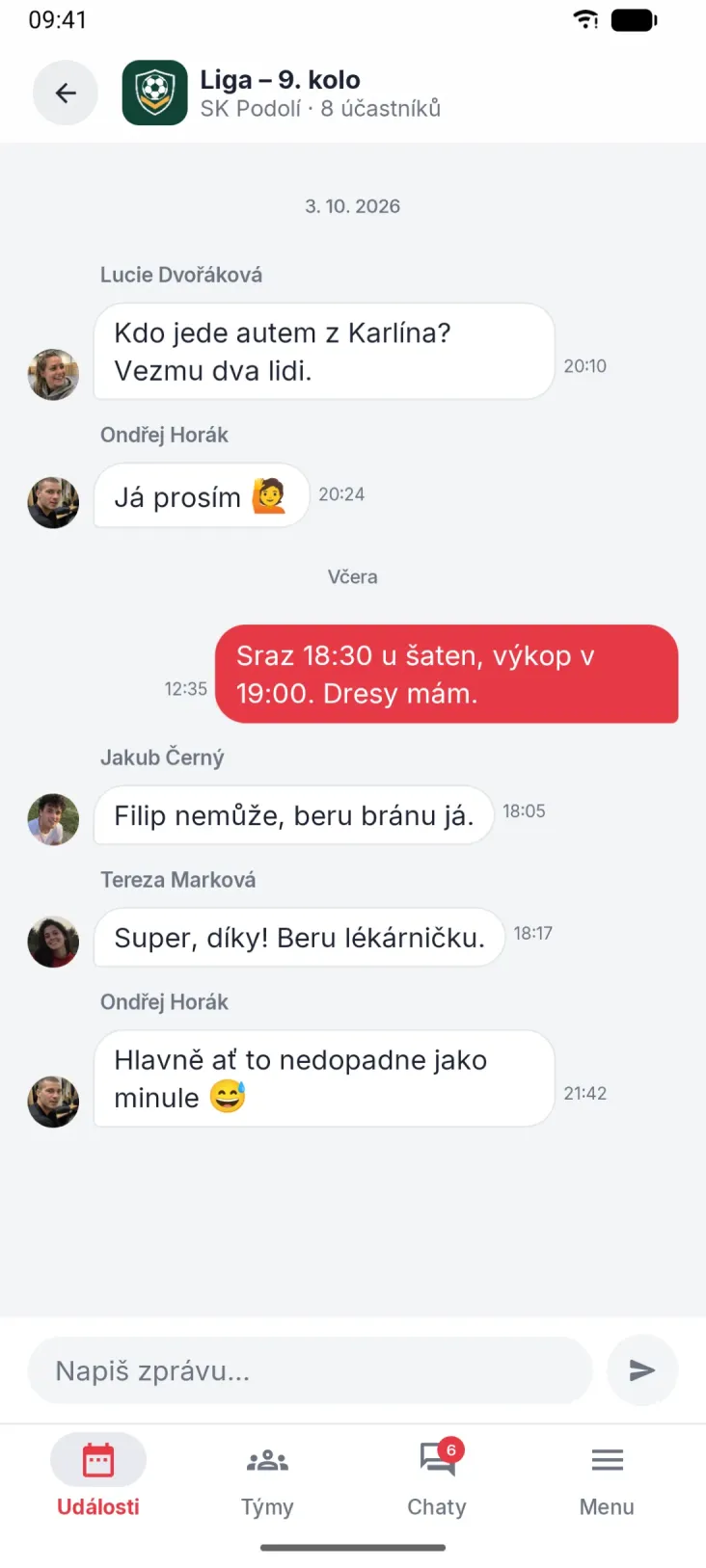 Chat u každé akce. Domluva zůstane tam, kam patří.