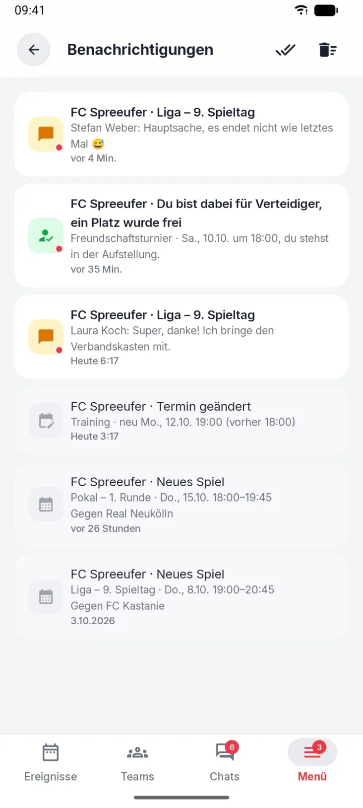 Benachrichtigungen mit Inhalt. Platz frei geworden, neuer Termin, neuer Ort oder neue Zeit.