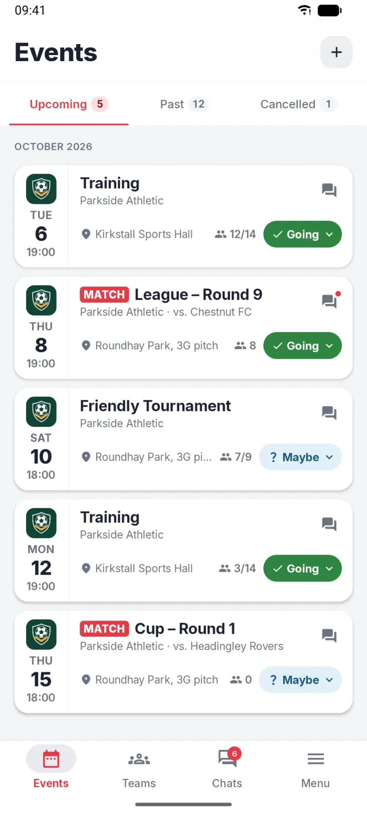 Events. Every team event and where your reply stands.