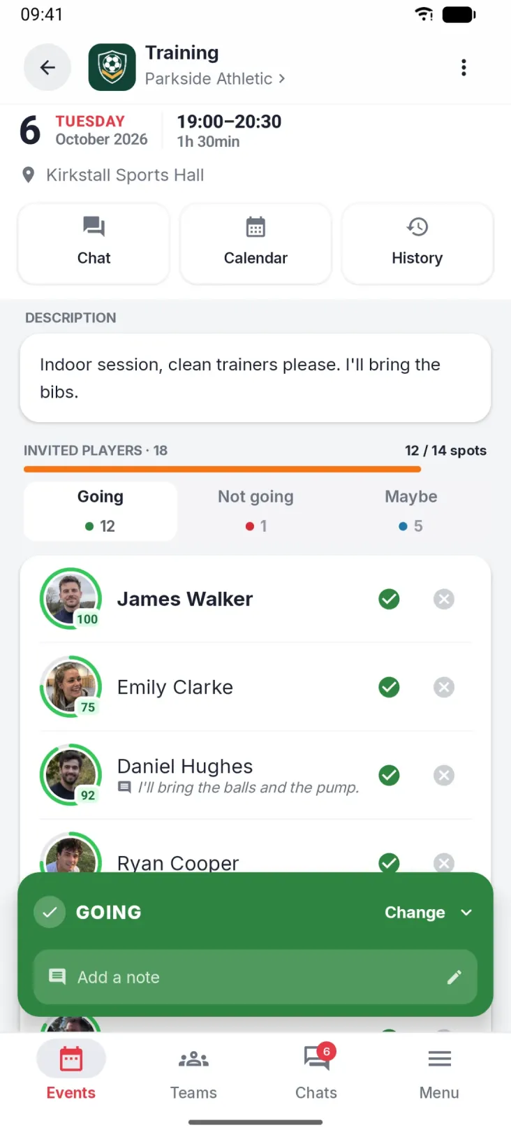 Event details. Who's in, who's out and where you're playing.