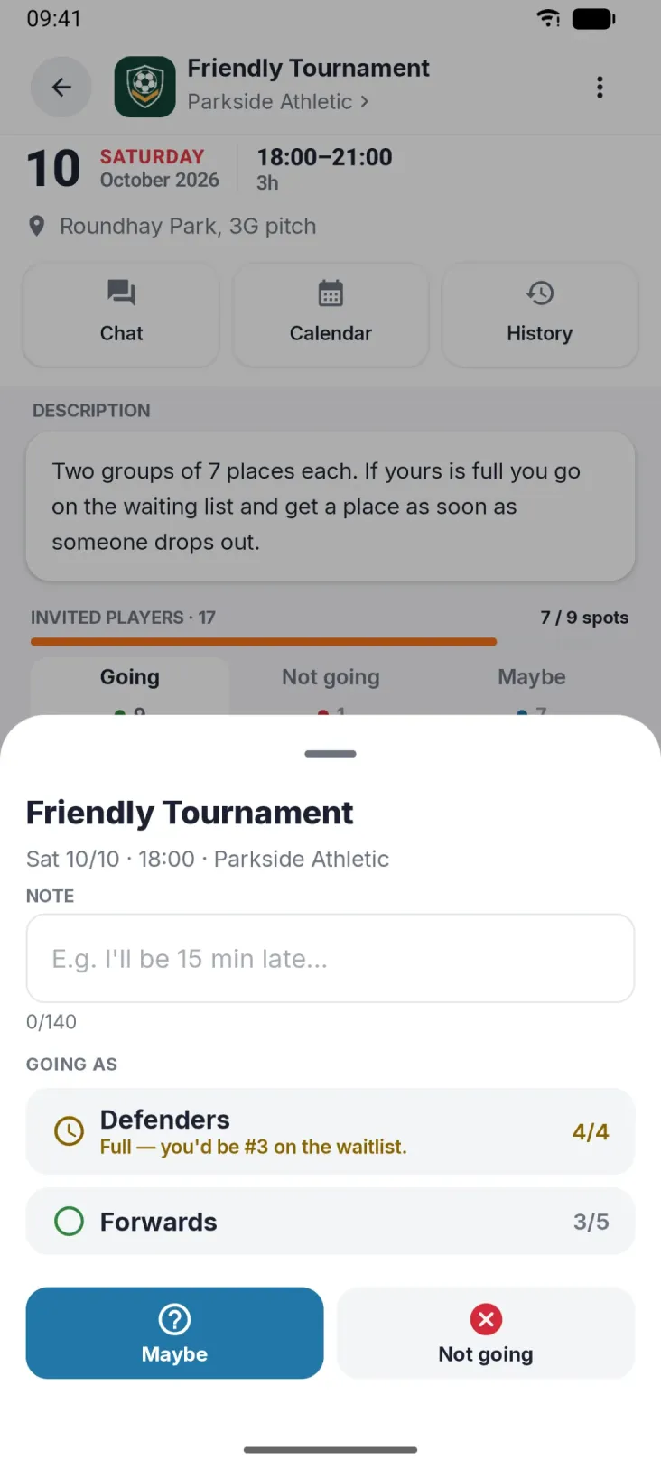 Reply in one tap. Pick a group, add a note and see straight away if you'd be on the waitlist.