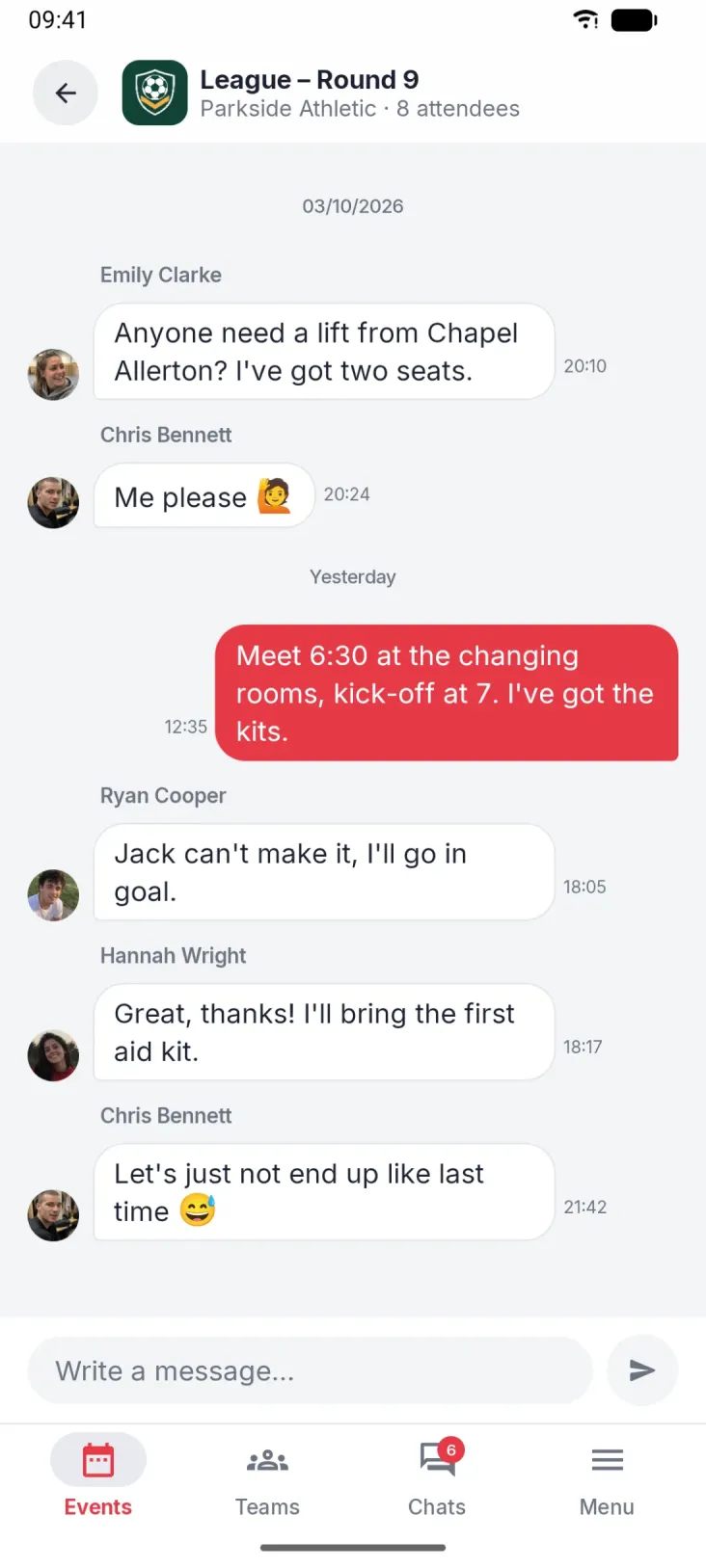 A chat for every event. The planning stays where it belongs.