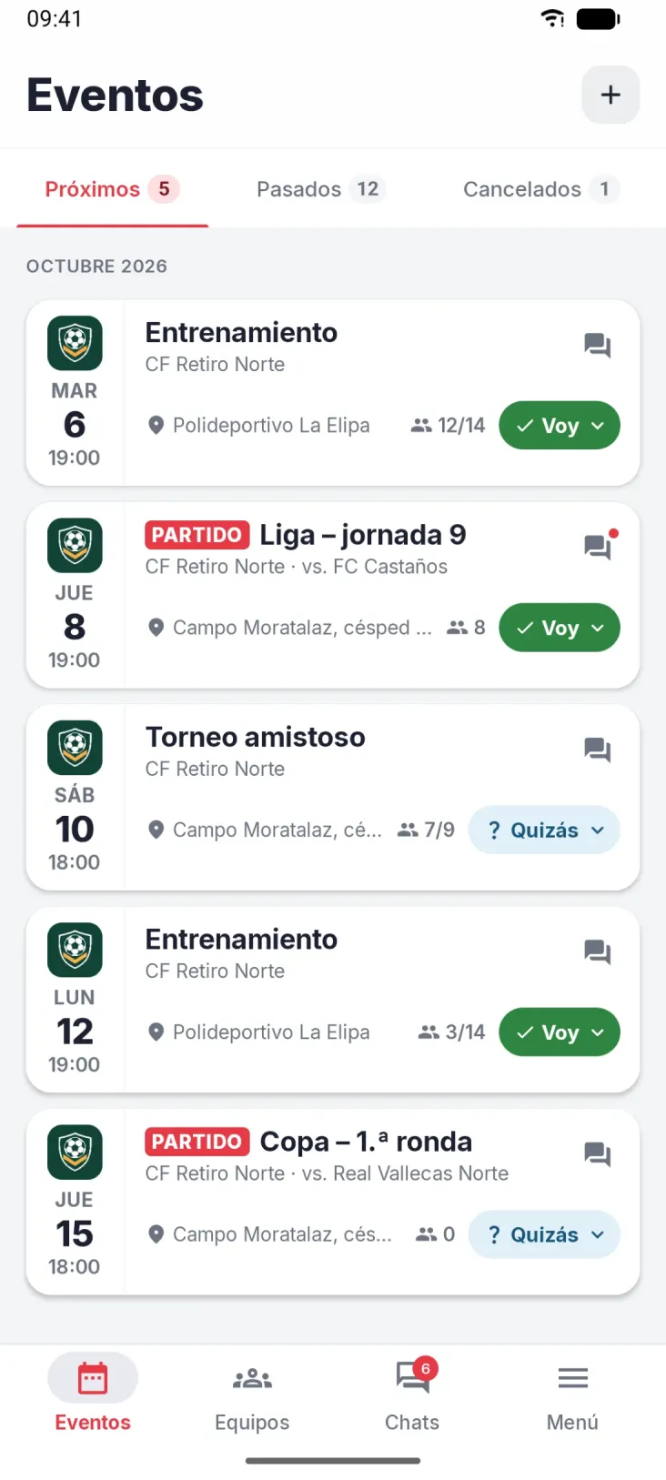 Eventos. Todos los eventos del equipo y el estado de tu respuesta.