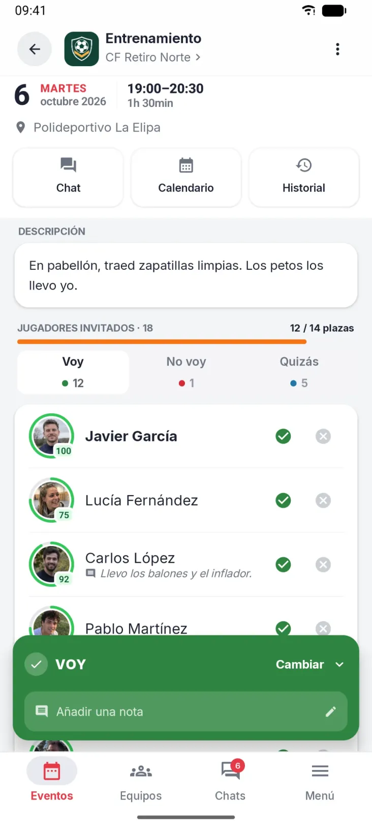 Detalle del evento. Quién va, quién no y dónde se juega.