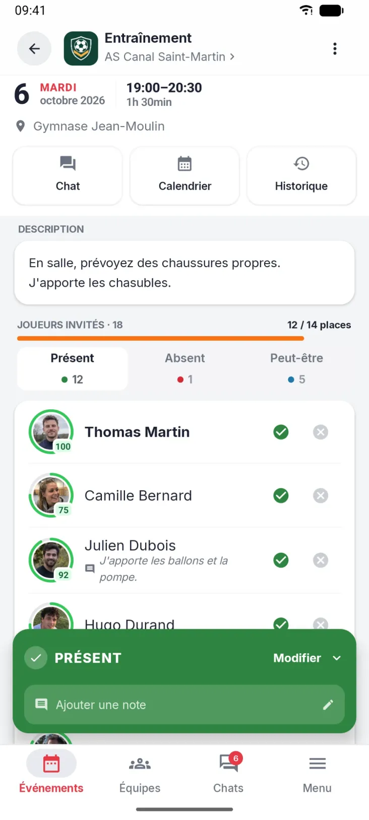 Détail de l'événement. Qui vient, qui ne vient pas et où on joue.