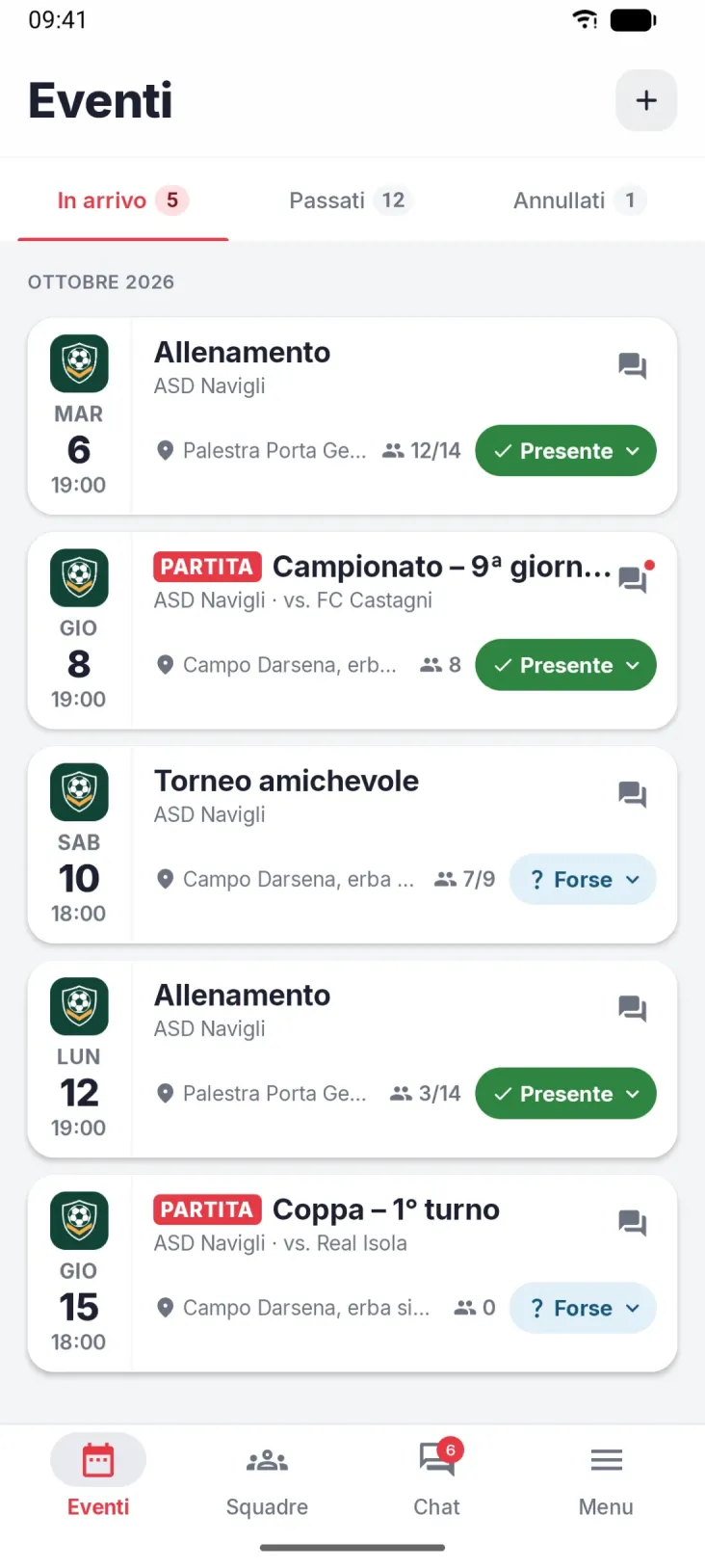 Eventi. Tutti gli eventi della squadra e lo stato della tua risposta.