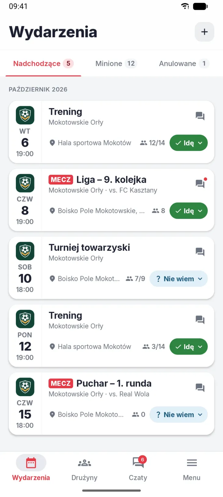 Wydarzenia. Wszystkie wydarzenia drużyny i stan twojej odpowiedzi.