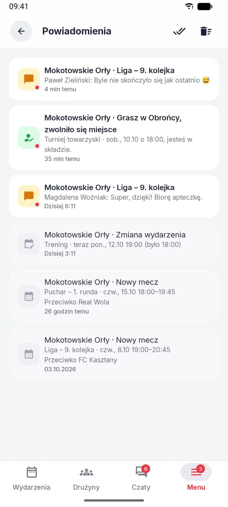 Powiadomienia, które coś mówią. Zwolnione miejsce, nowe wydarzenie, zmiana miejsca lub godziny.