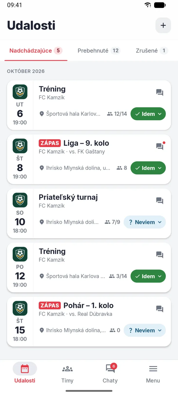 Udalosti. Všetky akcie tímu aj stav tvojej odpovede.