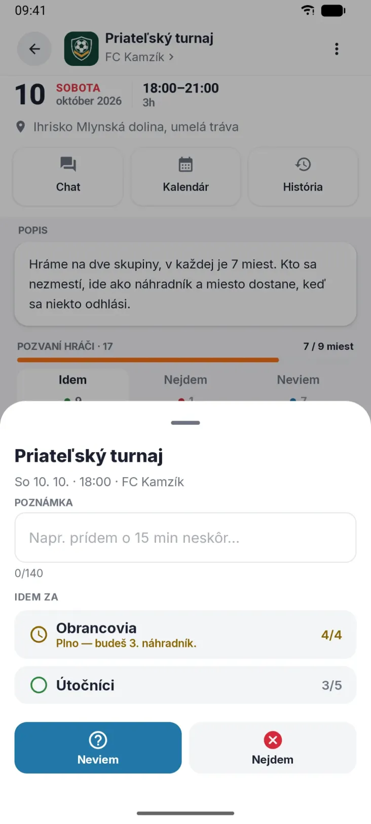 Odpoveď jedným ťuknutím. Skupina, poznámka a hneď vieš, či budeš náhradník.