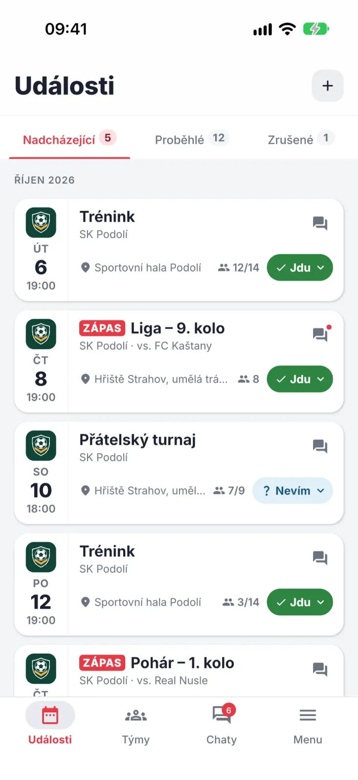 Události. Všechny akce týmu i stav tvé odpovědi.