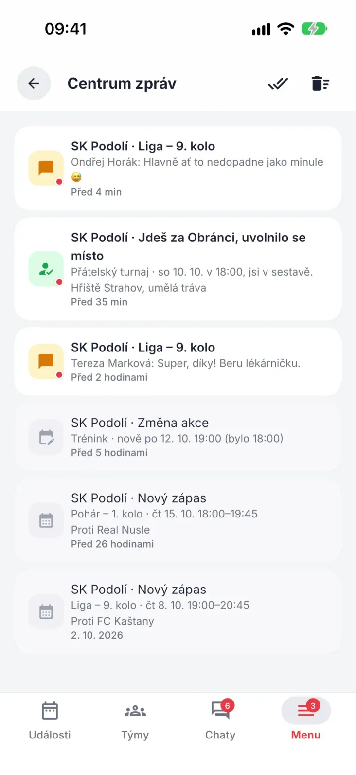 Upozornění, která něco říkají. Uvolněné místo, nová akce, změna místa nebo času.