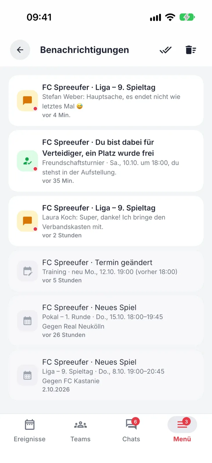Benachrichtigungen mit Inhalt. Platz frei geworden, neuer Termin, neuer Ort oder neue Zeit.