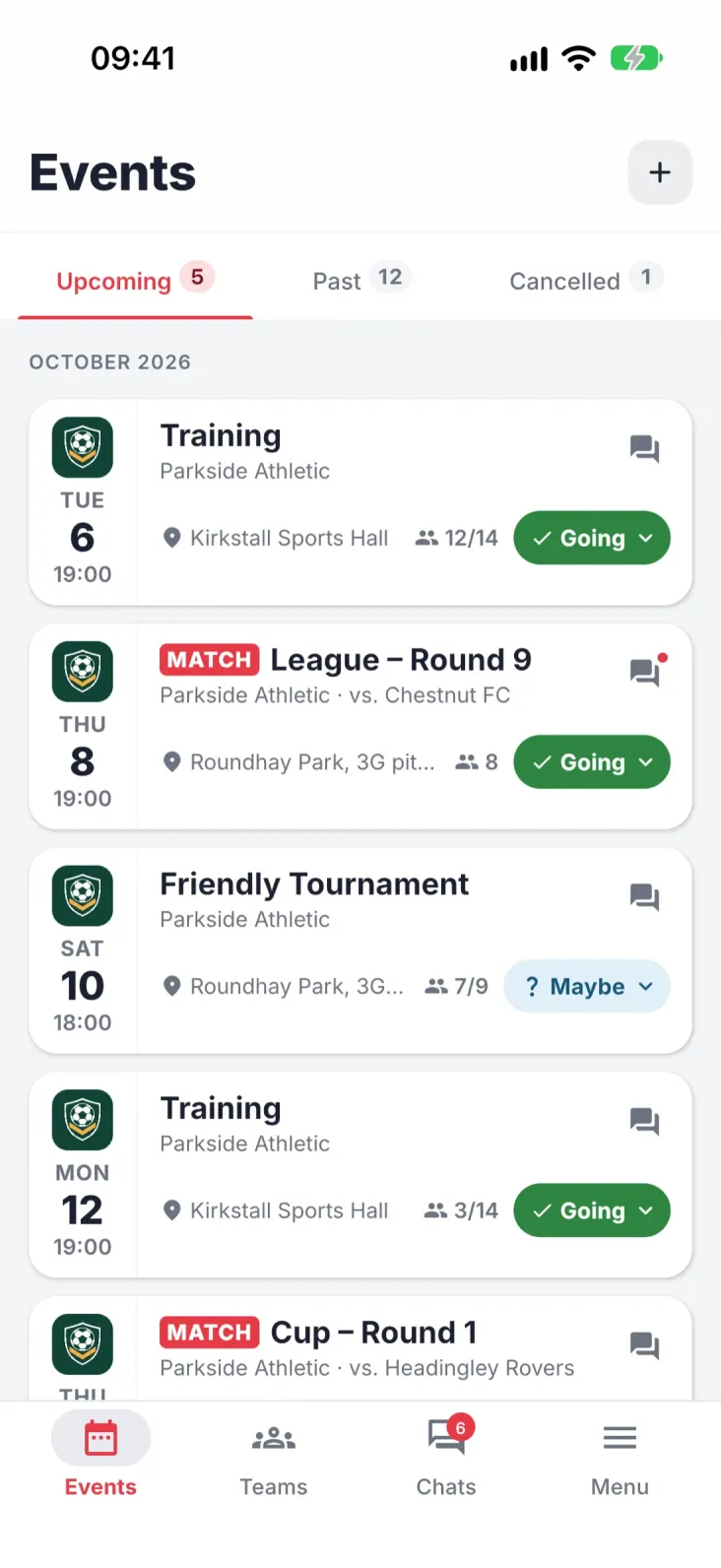 Events. Every team event and where your reply stands.