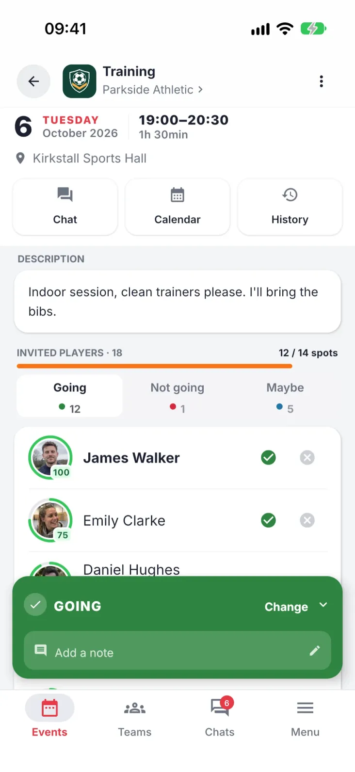 Event details. Who's in, who's out and where you're playing.