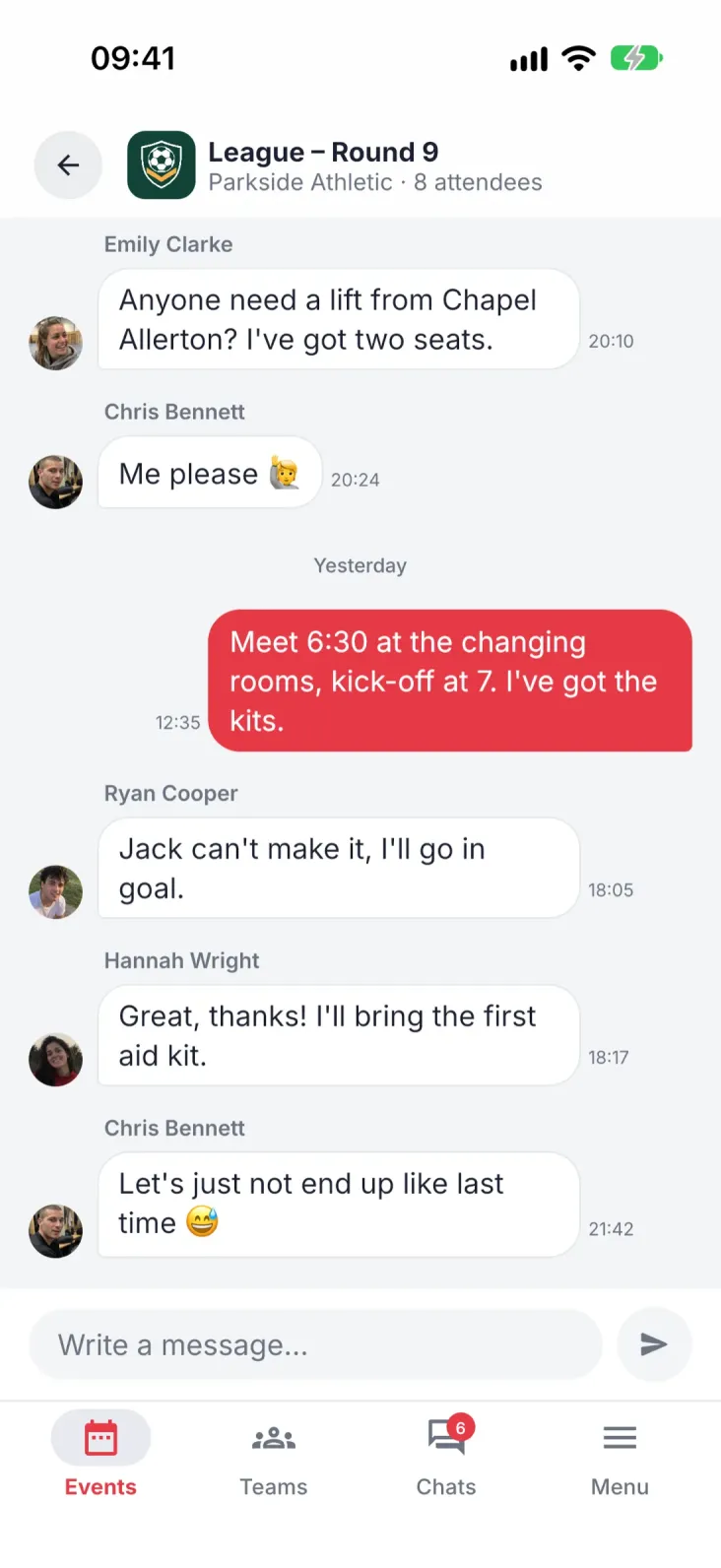 A chat for every event. The planning stays where it belongs.