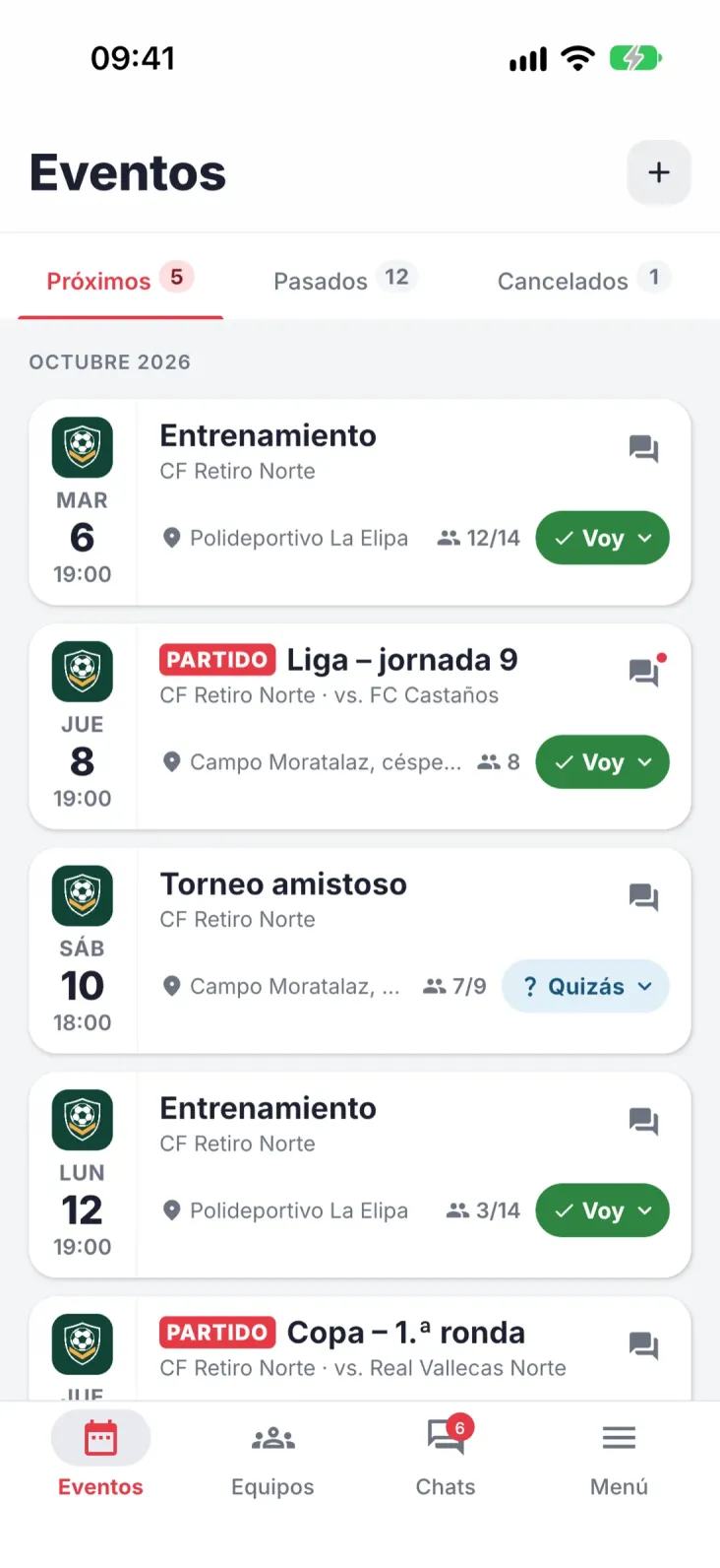 Eventos. Todos los eventos del equipo y el estado de tu respuesta.