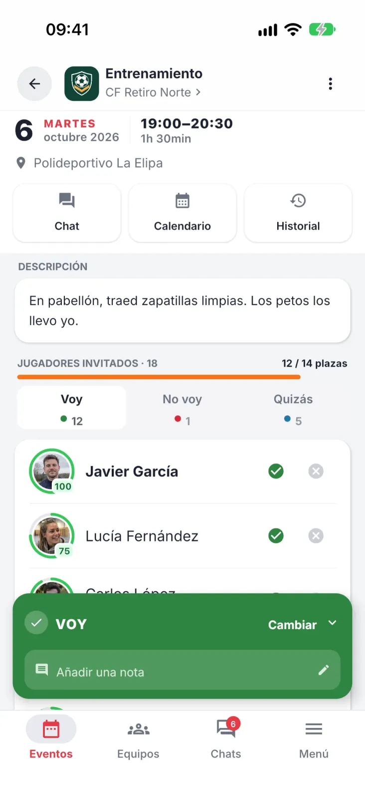 Detalle del evento. Quién va, quién no y dónde se juega.