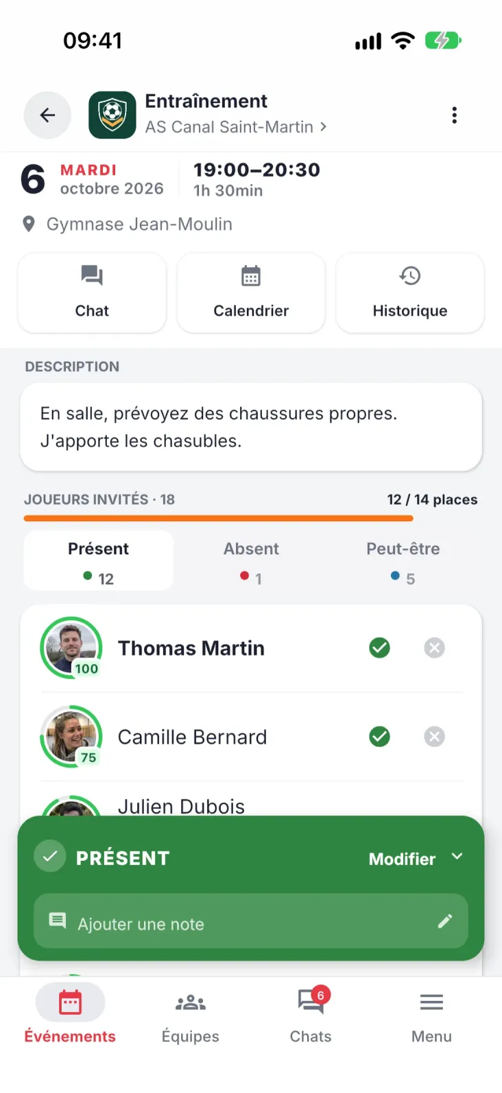 Détail de l'événement. Qui vient, qui ne vient pas et où on joue.
