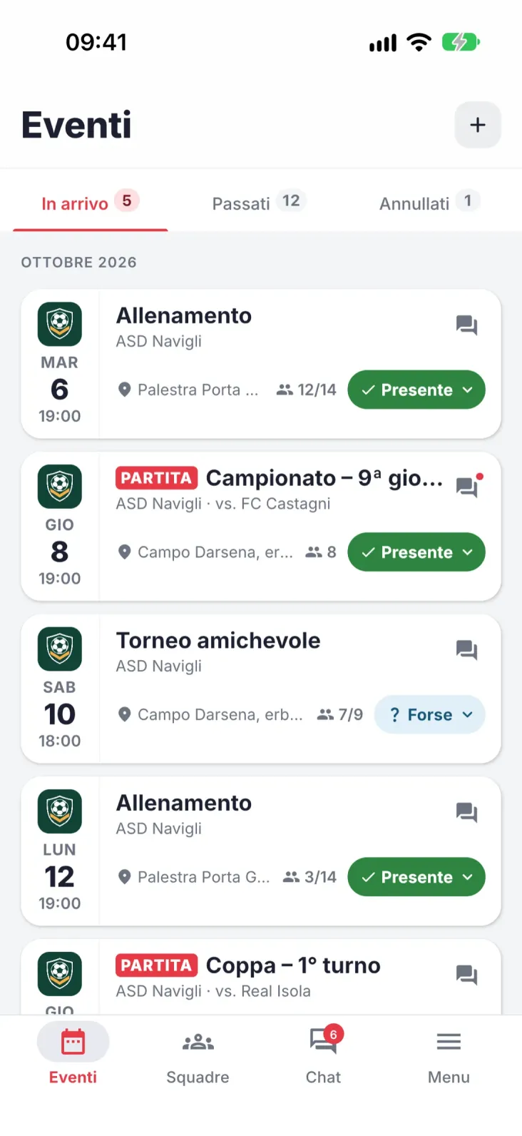 Eventi. Tutti gli eventi della squadra e lo stato della tua risposta.
