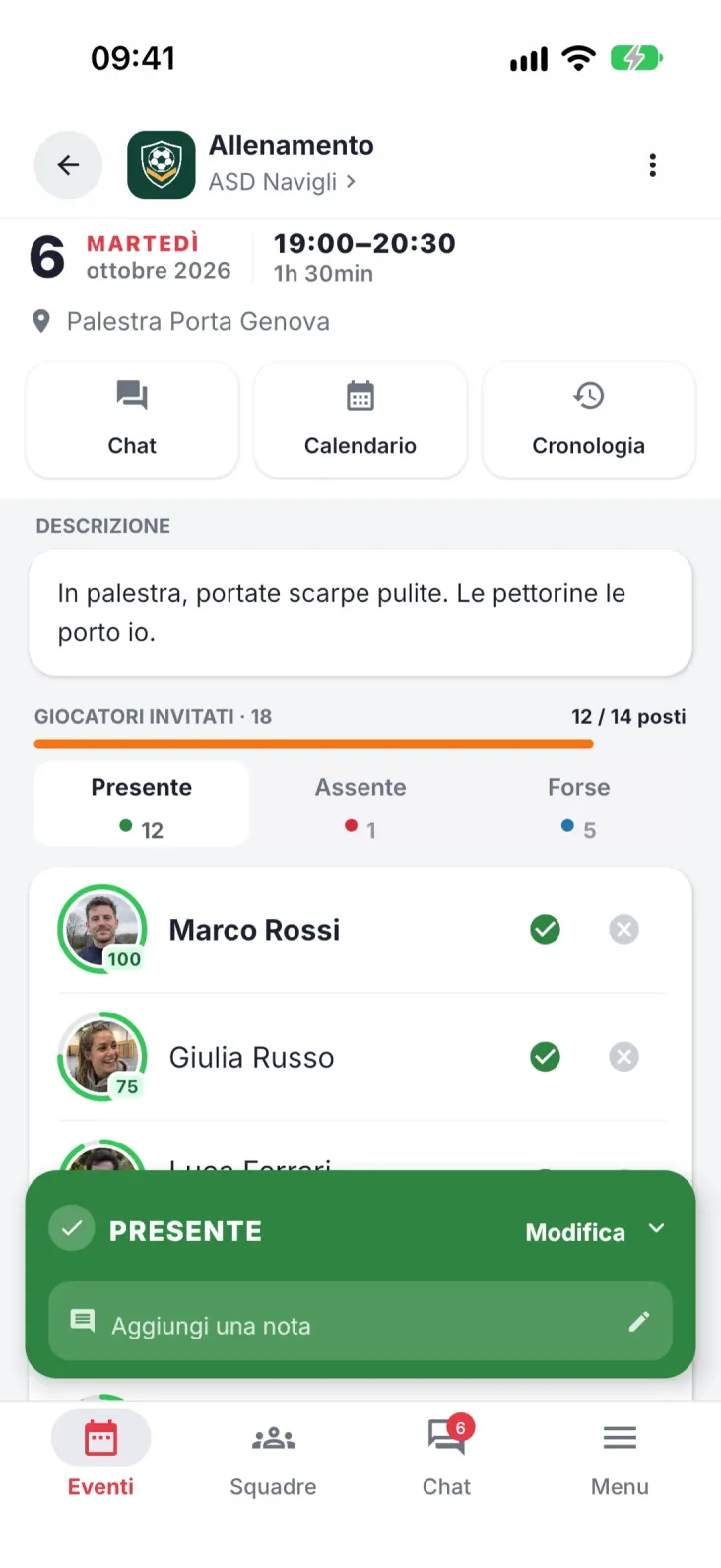 Dettaglio evento. Chi c’è, chi no e dove si gioca.