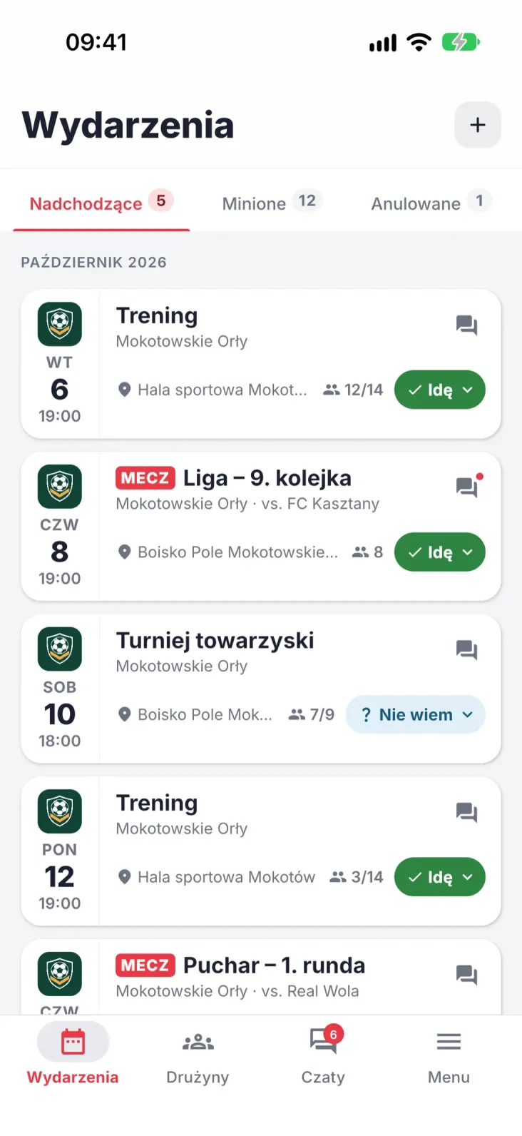 Wydarzenia. Wszystkie wydarzenia drużyny i stan twojej odpowiedzi.