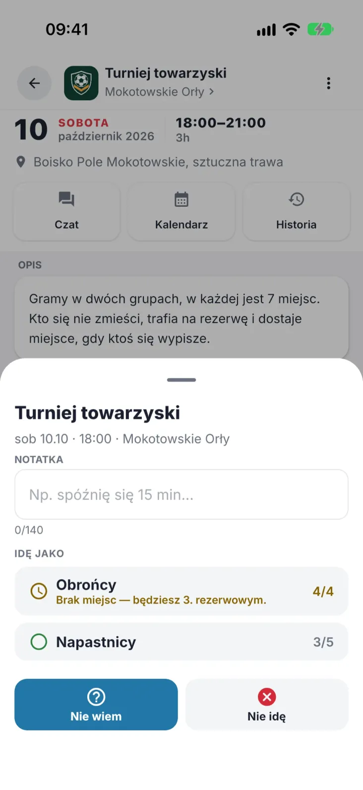Odpowiedź jednym dotknięciem. Grupa, notatka i od razu wiesz, czy będziesz w rezerwie.