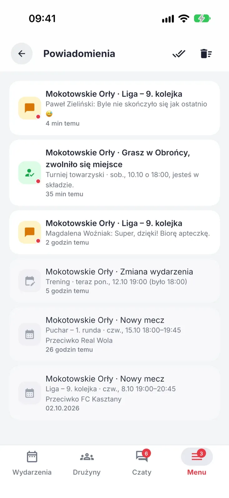 Powiadomienia, które coś mówią. Zwolnione miejsce, nowe wydarzenie, zmiana miejsca lub godziny.