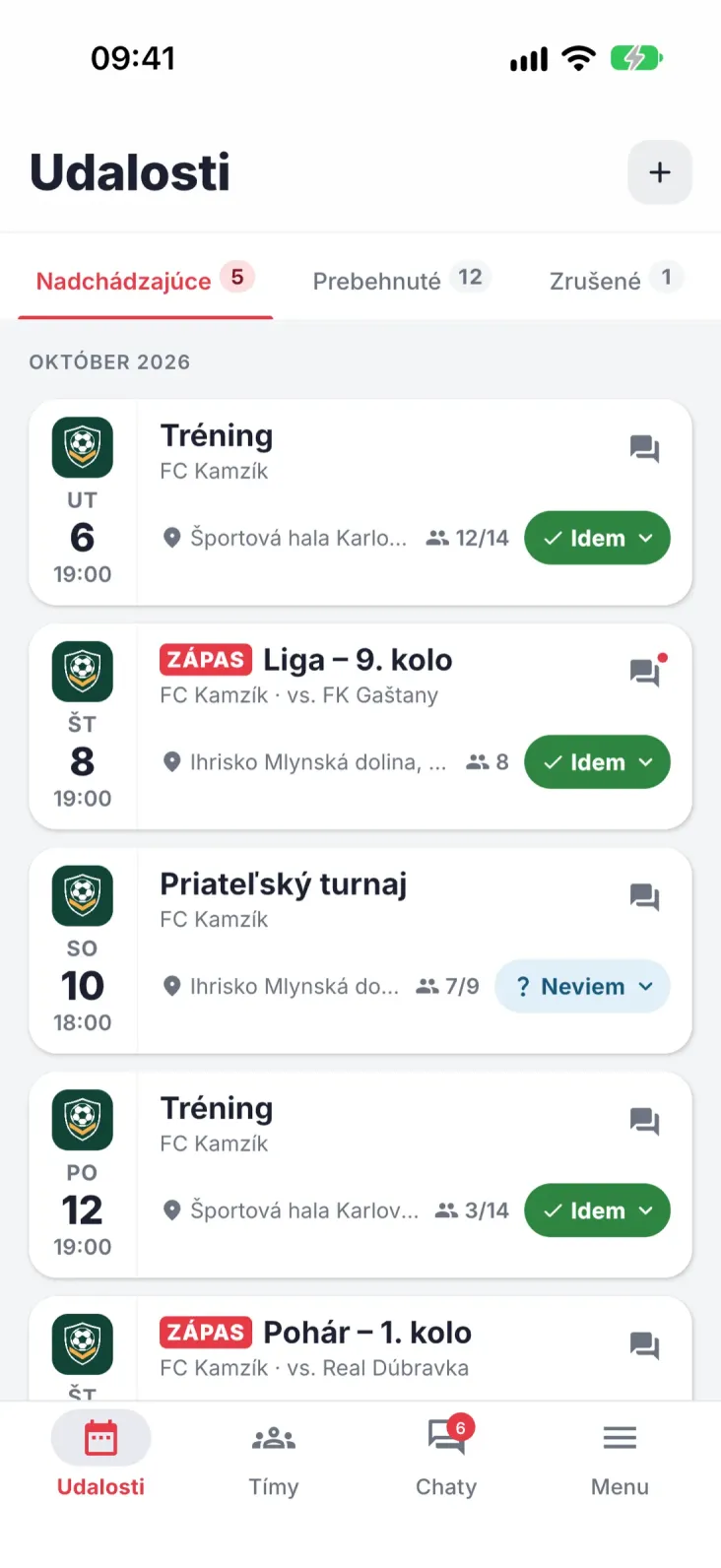 Udalosti. Všetky akcie tímu aj stav tvojej odpovede.